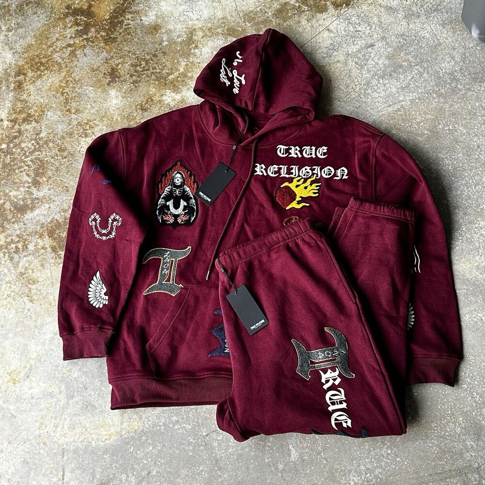 True Religion Tracksuit Set XXL Burgundy Hoodie & Sweatpants Patch Embroidered